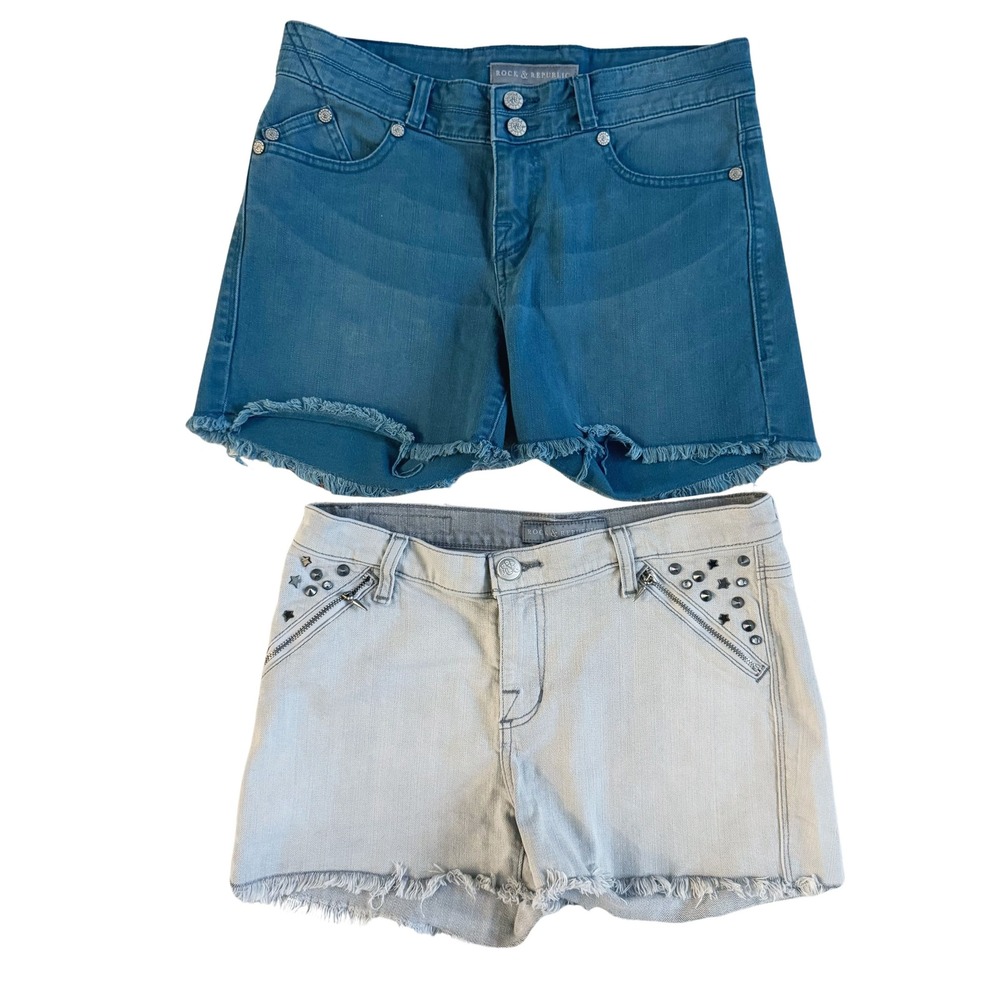 Rock &‎ Republic Pixie Shorts Lot of 2 Womens Size 8 Teal Grey Raw Hem Bonnaroo